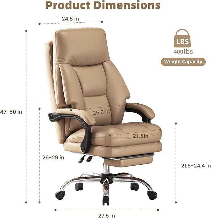 Home Office Desk Chair, 90°-160° Reclining, High Back Executive OfficeChair 400LBS with Footrest, Ergonomic Scratch-Resistant Faux Leather Computer Gaming Chair with Lumbar Support, Coffee