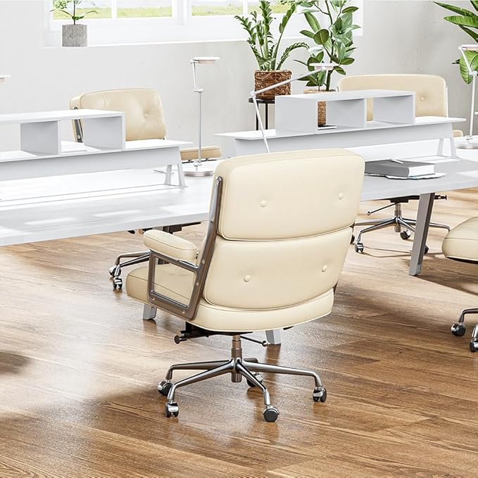 Genuine Leather Office Chair, Mid Back Executive Desk Chairs with Aluminum Arms and Wheels, Swivel Office Leather Chair with Thickened Backrest and Ergonomic Lumbar Support, White