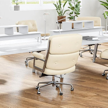 Genuine Leather Office Chair, Mid Back Executive Desk Chairs with Aluminum Arms and Wheels, Swivel Office Leather Chair with Thickened Backrest and Ergonomic Lumbar Support, White