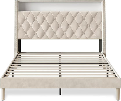 WLIVE Queen Size Upholstered Bed Frame with Storage Headboard, Velvet Square Tufted Platform Bed with Charging Station, Sturdy Metal & Wooden Slats Support, No Box Spring Needed, Beige
