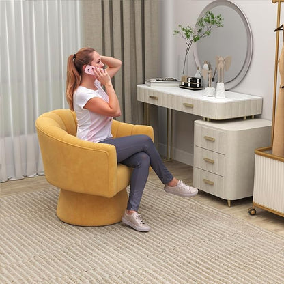 Swivel Accent Chair Set of 2, Upholstered Velvet 360° Swivel Barrel Chair for Living Room Overstuffed Bouncle Reading Chair Round Armchair for Bedroom,Vanity,Office (Mustard)