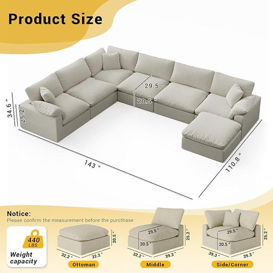 Cloud Modular Couch for Living Room,7 Seater U Shape Linen Blend Sofas,Modern Deep Seat Cloud Sofas,Convertible Comfort Down Filled Sectional Couches,Removable Washable Cushion Covers,Light Biege