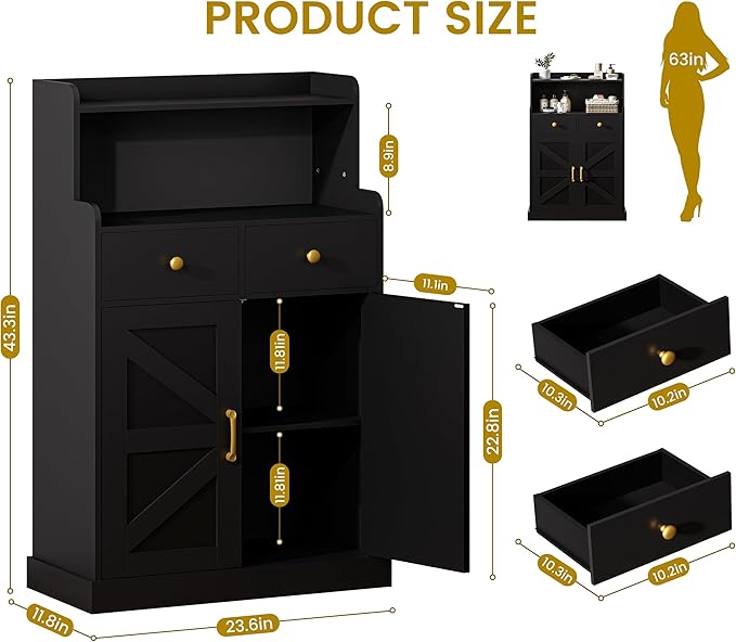 Storage Cabinet with Doors and Shelves, Bathroom Cabinet with 2 Drawers, Farmhouse Black Storage Cabinet, Kitchen Cabinet Cupboard for Living Room, Kitchen, Entryway, Home Office