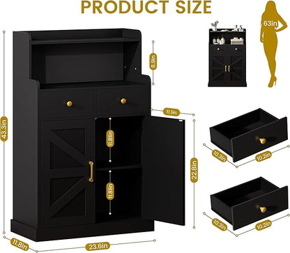 Storage Cabinet with Doors and Shelves, Bathroom Cabinet with 2 Drawers, Farmhouse Black Storage Cabinet, Kitchen Cabinet Cupboard for Living Room, Kitchen, Entryway, Home Office