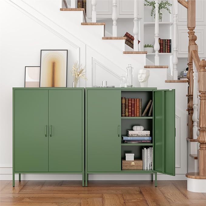Metal Storage Cabinet with Doors and Shelves,Multipurpose Storage Rack, 3-Tier Shelf,Metal Locker Style Accent Cabinet for Home Office,Living Room,Kitchen (Forest Green, 40''H)