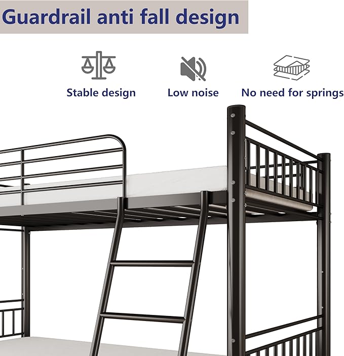 Metal Bunk Bed Twin Over Twin，Loft Bed with Removable Ladder and Full-Length Guardrail，Twin Bunk Beds Frame Heavy Duty Metal Slat Support for Adults, Kids and Young Teens (Black)