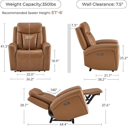CHITA Genuine Leather Power Recliner Chair for Adults, Super Zero Gravity Recliner with Adjustable Power Headrest & USB/Type-C Ports, for Living Room, Bedroom & Home Theater, Saddle