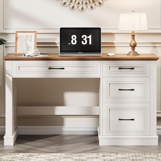 Farmhouse 47" Executive Desk, Computer Desk with Drawers and File Drawer, Workstation Computer Desk with Charging Station for Home Office,Study,（Unique White）