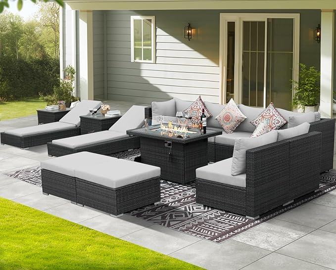 NICESOUL 13 Piece Backyard Furniture Set with Firepit Table, Wicker Woven Gray Patio Couch Set with Chaise Lounge for 10-People Seating, Modular Comfy 29.3" Highback Sectional Sofas for Outside Patio