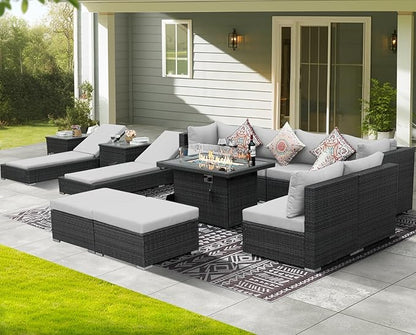 NICESOUL 13 Piece Backyard Furniture Set with Firepit Table, Wicker Woven Gray Patio Couch Set with Chaise Lounge for 10-People Seating, Modular Comfy 29.3" Highback Sectional Sofas for Outside Patio