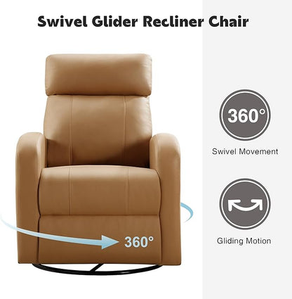 Swivel Rocker Recliner Chair, Manual Leather Recliner, Glider Rocking Recliner Chair 360°Swivel Nursery Reclining Chair for Living Room, Light Brown
