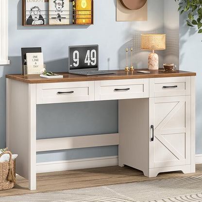 Vabches Farmhouse 59" Executive Desk,Computer Desk with 3 Drawers and Storage Cabinet,Home Office Desk for Work and Study