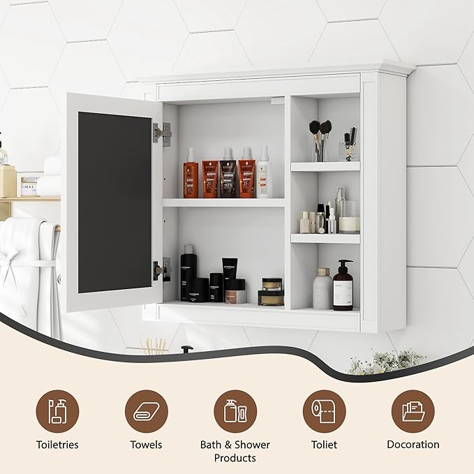 Bathroom Wall Cabinet with Mirror, 30'' x 28'' Medicine Cabinet with Mirror Door and Adjustable Shelves, Over Toilet Storage Cabinet, Wall-Mounted Bathroom Mirrors for Over Sink with Storage