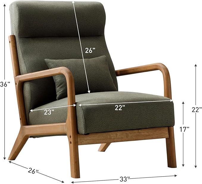 ANJHOME Mid Century Modern High Back Accent Chairs Set of 2, Single Lounge Armchair with Solid Wood Frame, Comfy Reading Chair for Living Room, Easy Assembly
