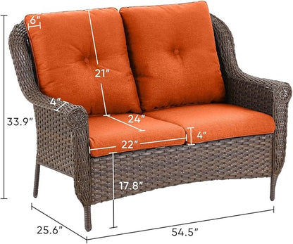 Patio Loveseat Outdoor Wicker Sofa - Heavy Duty All-Weather Brown Rattan 2-Person Sofas with High Back and Comfortable Thick Cushions for Garden Back Porch Poolside Apartment - Orange