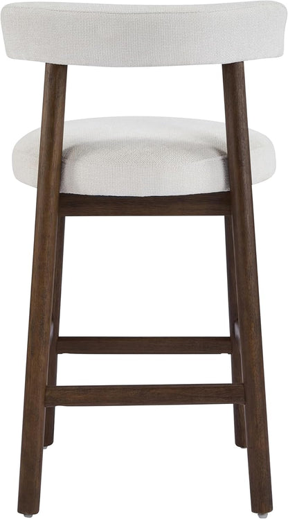 Christopher Knight Home Annes Counter Height Bar Stools Set of 2, Linen Fabric Round Bar Stool for Kitchen Island, Wooden Dining Room Chair, Counter Stool with Footrest, Walnut+Milky White