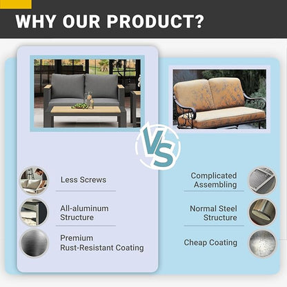 Corinth 2-Piece Aluminum Patio Conversation Set - Outdoor, Porch, Balcony, Yard, Gardern, All Weather,1 Ergonomic Design Love Sofa and 1 Coffee Table, Grey