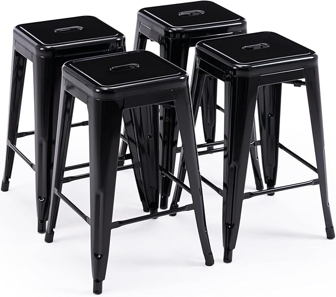Vogue Furniture Direct 24 Inch Metal Bar Stools, Backless Counter Height Barstools, Indoor Outdoor Stackable Stools with Square Seat, Set of 4 (Black)