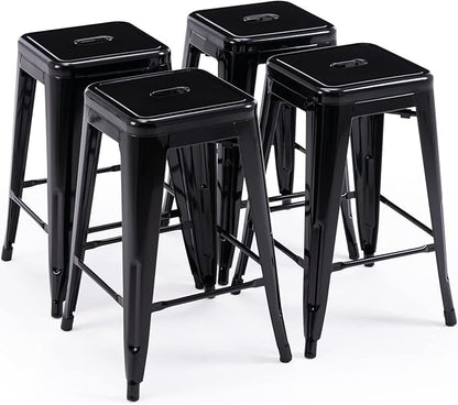 Vogue Furniture Direct 24 Inch Metal Bar Stools, Backless Counter Height Barstools, Indoor Outdoor Stackable Stools with Square Seat, Set of 4 (Black)