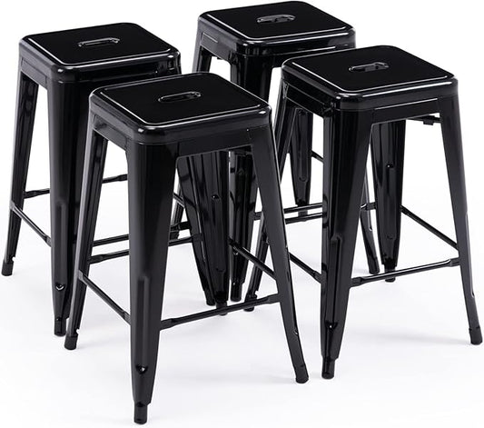 Vogue Furniture Direct 24 Inch Metal Bar Stools, Backless Counter Height Barstools, Indoor Outdoor Stackable Stools with Square Seat, Set of 4 (Black)