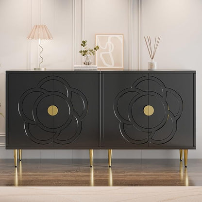 TOLEAD Modern Cabinet with Decorative Flower Pattern Doors - Accent Sideboard Buffet for Hallway, Living Room, Kitchen - Black