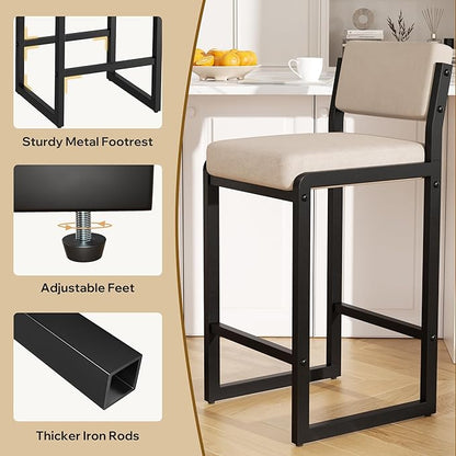Bar Stools Set of 3, Fabric Counter Height Bar Stools with High Back and Metal Legs, Upholstered Bar Chairs, 26 in Height Modern Barstools for Kitchen Island, Camel