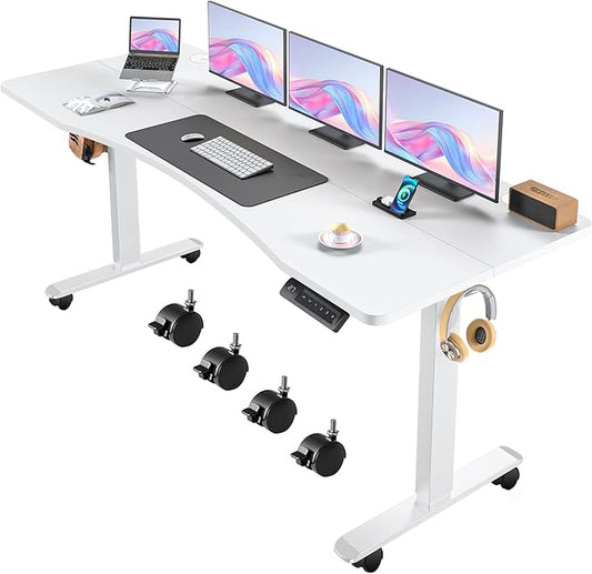 Electric Adjustable Standing Desk with Wheels, 63'' x 24''Sit Stand Desk with Dual Crossbeam and Mouse Pad, 27''-46'' Lifting Range Stand up Table with Ergonomic Arc Desktop (White Arc)