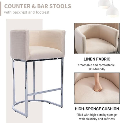 Contemporary Cream Linen Bar Stool, 29" Upholstered Fabric Counter Height Barstool Kitchen Counter Island Stool with Screwed Together Chrome Finish Base