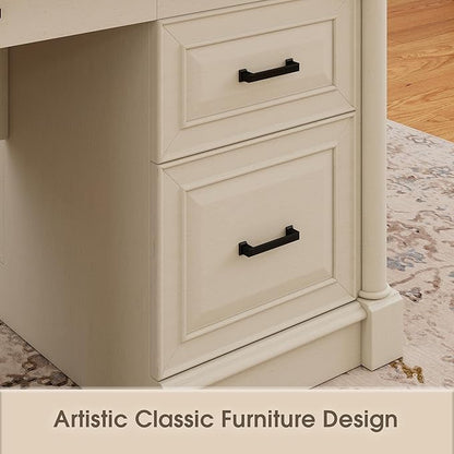 61.85″ Executive Desk with Roman Column Design, Large Boss Office Desk 3 Drawers incl. File Drawer, Keyboard Tray, Cabinet Shelf with Door, White with Brown Desktop