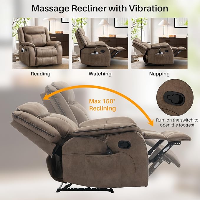 Massage Recliner Chair with Heated, Faux Leather Recliner Chairs for Adults, 39" Manual Reclining Ergonomic Lounge Chair for Living Room with Overstuffed Backrest, Side Pocket, Nut Brown