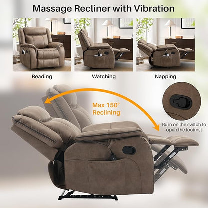 Massage Recliner Chair with Heated, Faux Leather Recliner Chairs for Adults, 39" Manual Reclining Ergonomic Lounge Chair for Living Room with Overstuffed Backrest, Side Pocket, Nut Brown