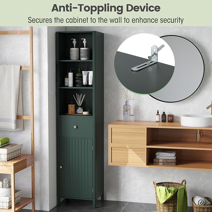 Tangkula 67" Tall Bathroom Cabinet, Narrow Floor Cabinet w/Fluted Door, 3 Open Shelves & 1 Drawer, Freestanding Storage Organizer w/Adjustable Shelf & Anti-tip Kit for Kitchen, Living Room (Green)