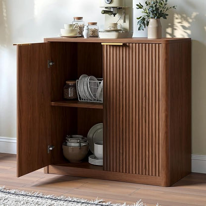 Evermagin 31.5" Walnut Buffet Cabinet with Storage, Small Sideboard Cabinet, Mid Century Modern Accent Credenza, Fluted Console Table with Doors for Dining Room, Kitchen, and Living Room