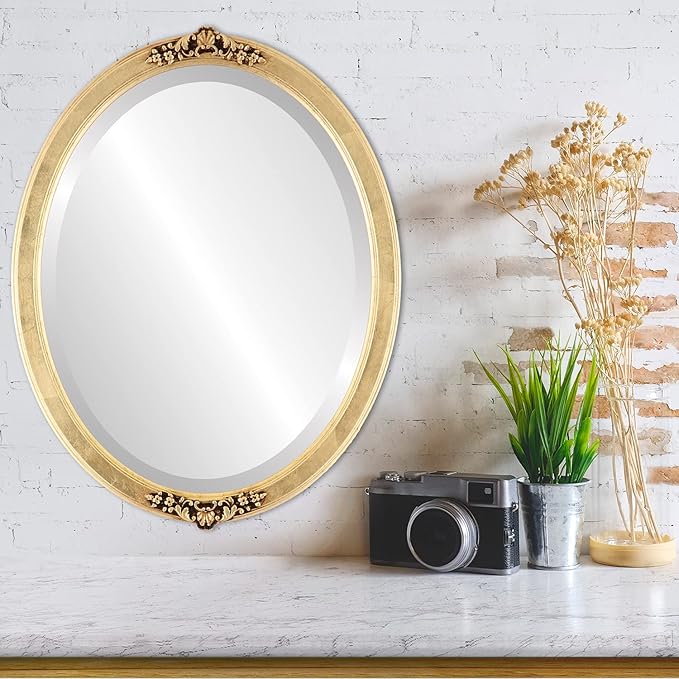 OVALCREST Oval Beveled Wall Mirror for Home Decor - Athena Style - Gold Leaf - 26" x 20" Outside Dimensions