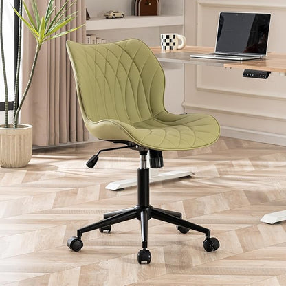 YOUNUOKE Armless Desk Chair Comfy Office Chair with Wheels Home Ergonomic Task Chair Adjustable Computer Chairs Modern Faux Leather Swivel Chair Upholstered Makeup Vanity Chair with Back(Avocado)