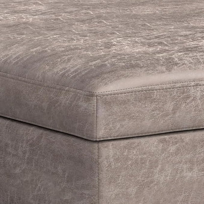 SIMPLIHOME Owen 40 inch Wide Mid Century Modern Square XL Coffee Table Storage Ottoman in Distressed Grey Taupe Vegan Faux Leather, Assembled, for The Living Room, Entryway and Family Room