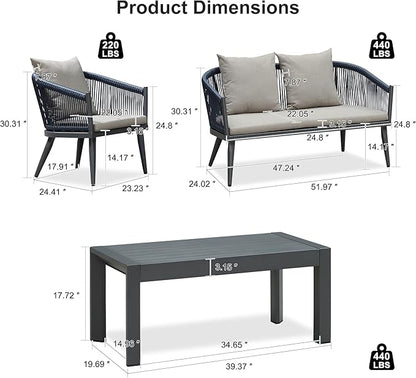 PURPLE LEAF 4 Pieces Patio Conversation Set Outdoor Wicker Furniture with Aluminum Table and Rattan Chairs Sofa Cushions Included for Porch Backyard Garden Balcony Gray
