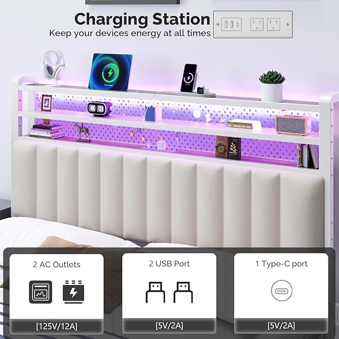 VINGLI Queen Size Headboard Only, Adjustable Upholstered Headboard with 3 Tier Shelves and Pegboard with Charging Stations and LED Lights, Modern Bed Headboard with Storage for Bedroom Decor