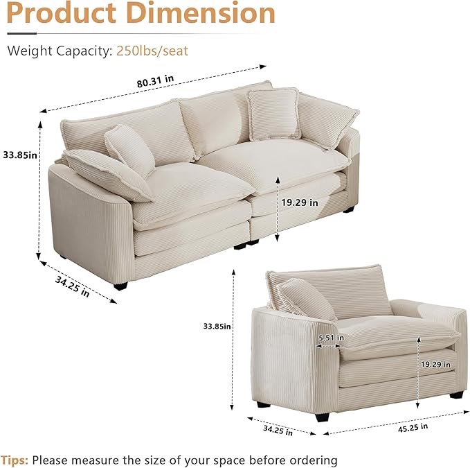 mikibama Luxury 3 Piece Sofa Set, Loveseat Couch & 2 Single Sofa Set, Modern Corduroy Comfy Cloud Couches Set for Living Room Office with 2 Armrest Pillows and 4 Toss Pillows, Beige