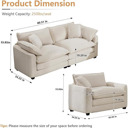 mikibama Luxury 2 Piece Sofa Set, Loveseat Couch & Sofa Armchair Set, Modern Corduroy Comfy Cloud Couches Set for Living Room Office with 2 Armrest Pillows and 3 Toss Pillows, Beige