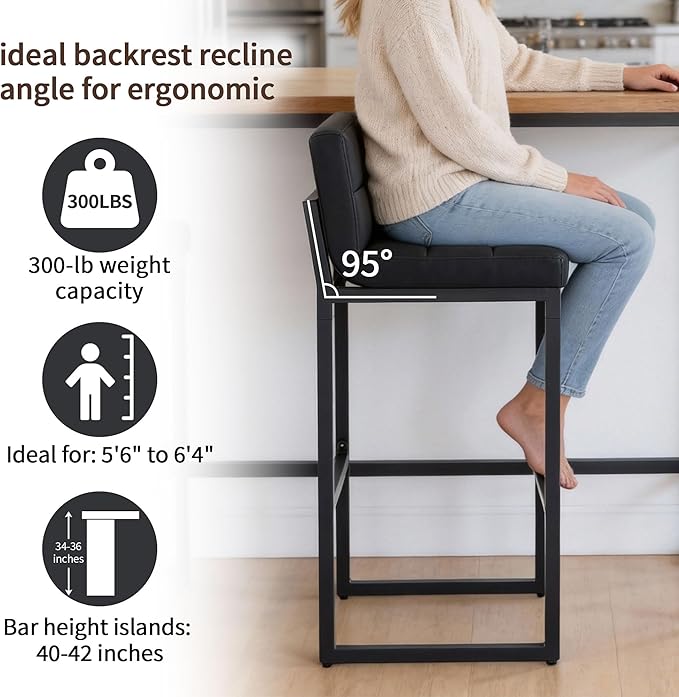 Bar Height Bar Stools Set of 2, Modern Tall Counter Stool, Faux Leather Barstools with Back, Comfortable 30-inch Seat Height Island Chairs for Kitchen Island (Black, 2Pcs 30" Bar Stools)