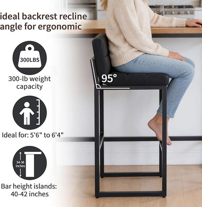 Modern Bar Stools Set of 4, Upholstered Bar Height Barstools with Low Back and Thickened Metal Frame, 30-inch Tall Island Chairs for Kitchen Island, Bar, Counter (Black, 4Pcs 30" Bar Stools)