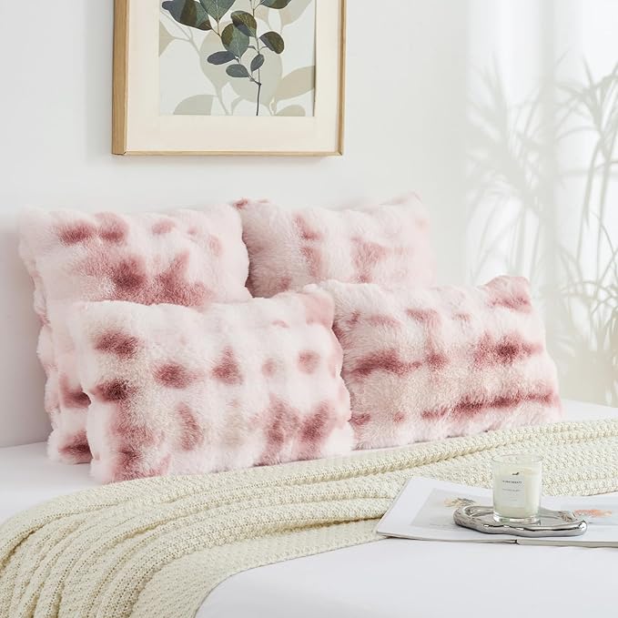 FUTEI Pink White Decorative Throw Pillow Covers 26x26 Inch Set of 2,Soft Fuzzy Faux Rabbit Fur Euro Pillow Shams with Raised Texture,Neutral Boho Home Decor for Couch Bed Living Room