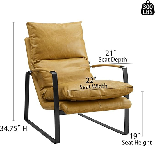 Art Leon Leather Accent Chair- Mid Century Modern Living Room Chair Leather Armchair Leather Lounge Chair with Black Metal Frame (Light Brown)