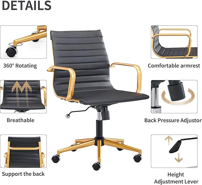 COROCC Office Desk Chair Modern Conference Room Task Chairs Leather Computer Swivel Excutive Ribbed Ergonomic Rolling Comfortable Chair for Home Office Black and Gold Chair
