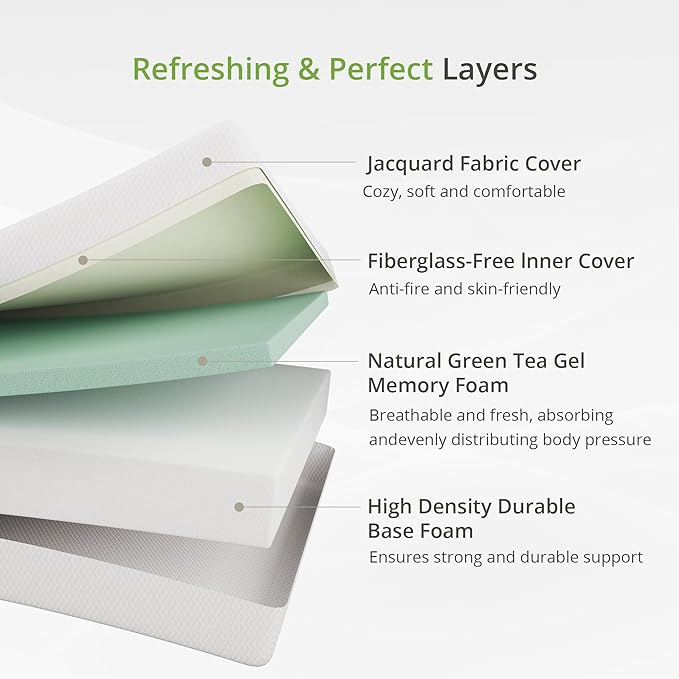 EGOHOME 6 Inch Queen Size Mattress for Kids, Memory Foam Mattress with Cooling Green Tea Gel, Relieve Pressure with Medium Firm Support, CertiPUR-US Certified, 80''L x 60''W, White