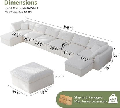 Boneless Cloud Couch Modular Sectional Sofa with Deep Seat for Living Room, L Shape Couch with Ottoman, Snowflake Cloth and 40D Memory Sponge，2 Throw Pillows (White, 6 Seater+2 Ottoman)