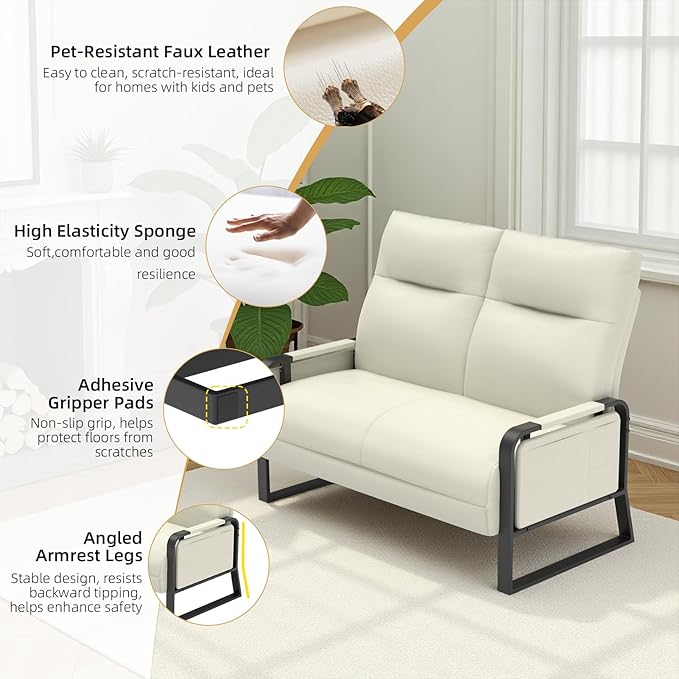 Faux Leather Loveseat Couch for Living Room Bedroom Office, Small Sofa 2 Seater Couch with Flip Up Tray Table Side Pockets Leather Loveseats, Beige