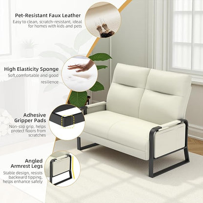 Faux Leather Loveseat Couch for Living Room Bedroom Office, Small Sofa 2 Seater Couch with Flip Up Tray Table Side Pockets Leather Loveseats, Beige