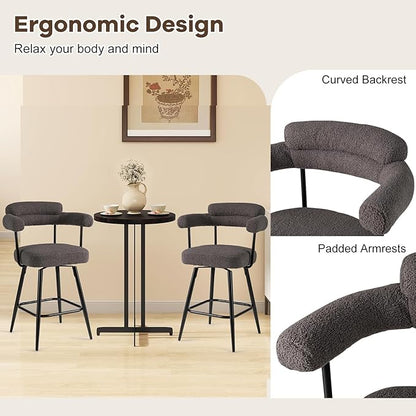 COSTWAY Counter Height Bar Stools Set of 4, 27" Swivel Modern Upholstered Counter Chairs with Boucle Fabric, Curved Backrests & Metal Legs, for Kitchen Island, Home, Pub (4, Grey + Black)